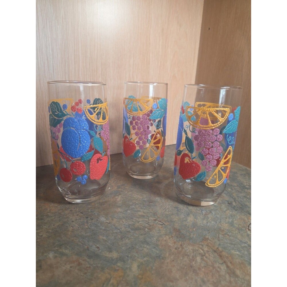 Vtg LIBBEY Fanciful Fruits Juice Set of Three Glasses.